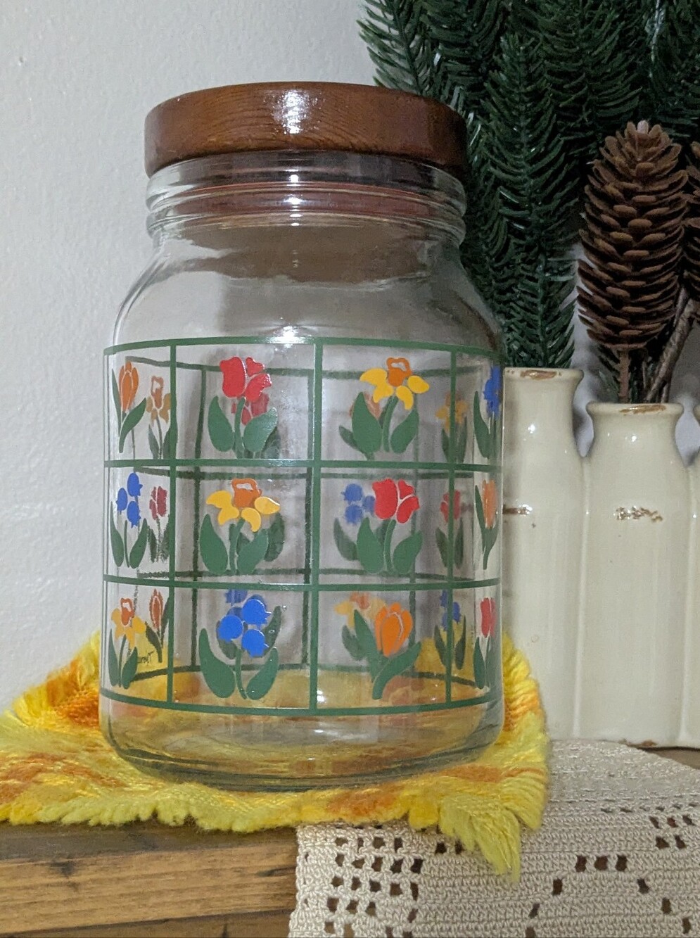 Vintage 1983 Floral Glass Canister Jar Wood Lid Cottagecore Kitchen